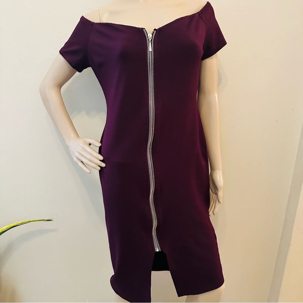 Haute Monde Burgundy Off-the-Shoulder Full-Zip Bodycon Midi Dress - Size XL